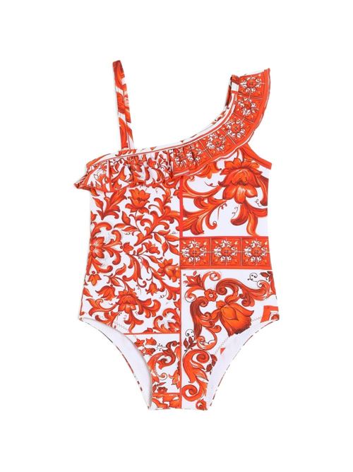 Costume intero neonata Dolce e Gabbana multicolor con stampa Maiolica e ruches Dolce & Gabbana Kids | L2J873ON0GUIO3TN